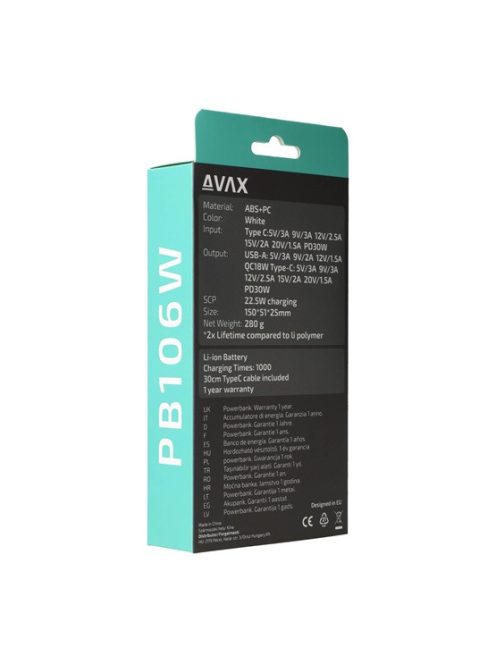 CHG AVAX PB106W LEISURE PD/Type-C 30W+QC 18W gyorstöltő Powerbank 15.000mAh, fehér
