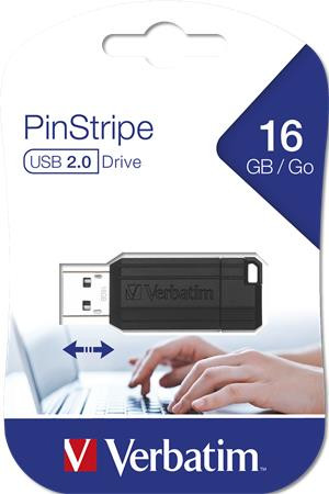 Pendriv e, 16GB, USB 2.0, 10/4MB/sec, VERBATIM "PinStripe", f ekete
